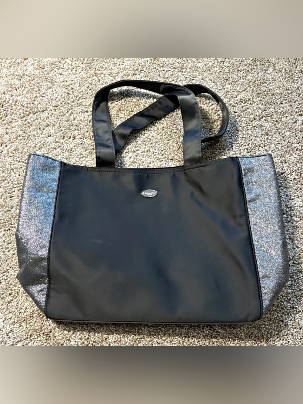 Women’s Black & Silver Glitter Accent Solid Rectangle Tote Bag Double Handles